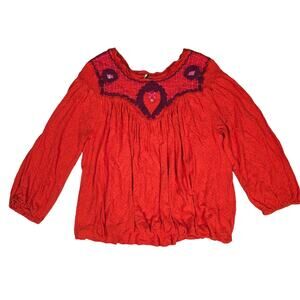 Free People Begonia Embroidered Top Blouse in Red Sz Medium